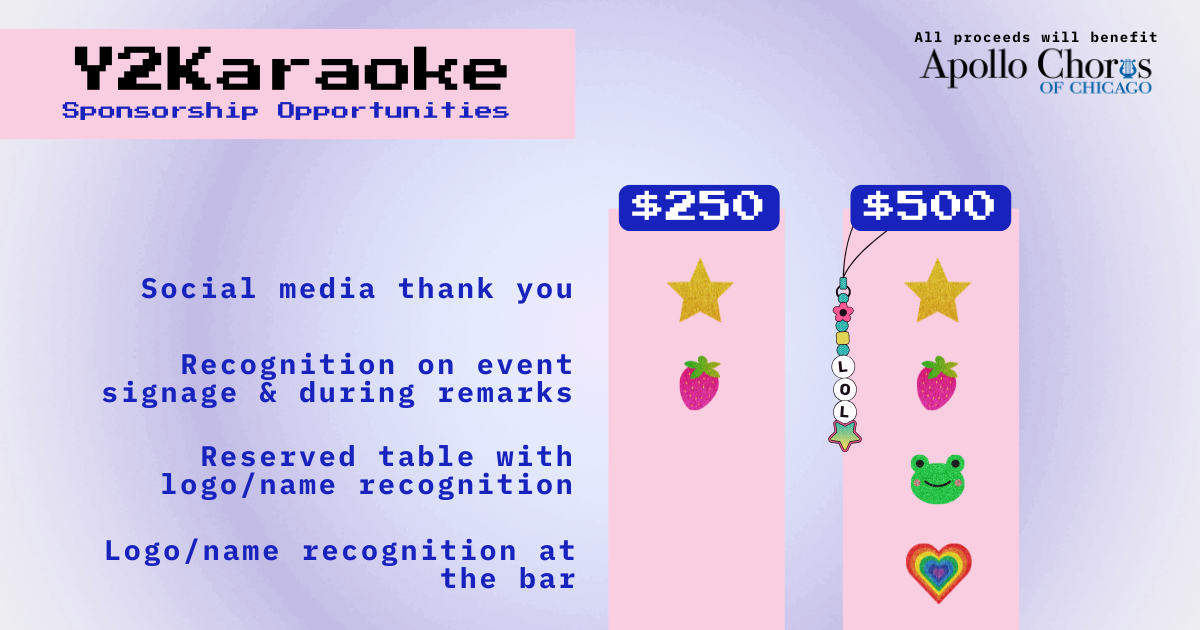Y2Karaoke sponsorship opportunity table listing benefits for each sponsorship tier (see text below for tier contents)